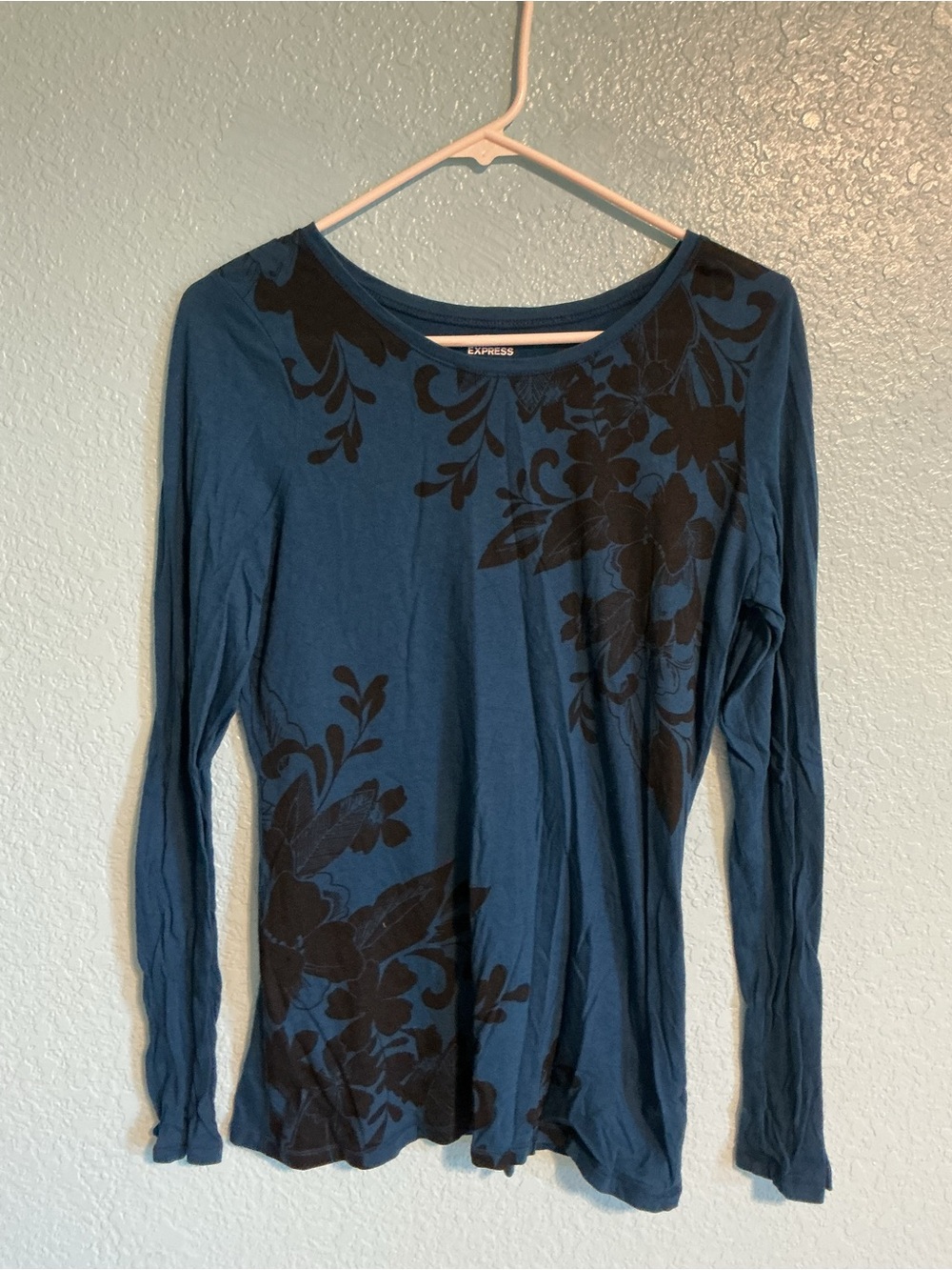 Express Teal Long Sleeve Top with Black Floral Print